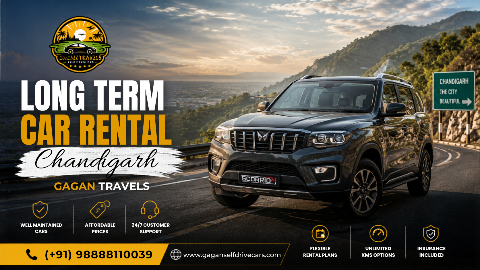 Long term self drive car rental Chandigarh - Gagan Travels Scorpio N on mountain road